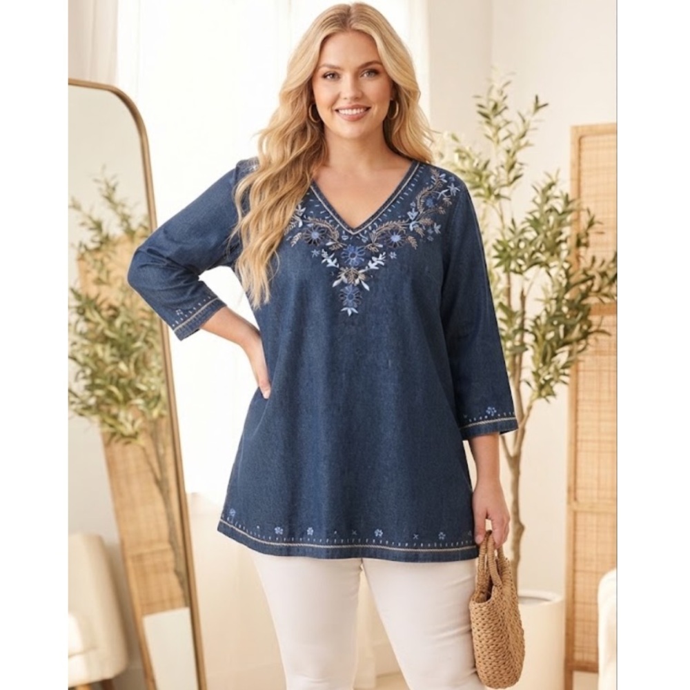 Liz & Me Blue Embroidered Denim V-Neck Tunic Top 1X NWT